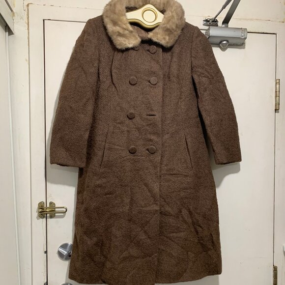 VINTAGE UNION LABEL REAL FUR COLLAR WOOL TRENCH COATS SIZE S - Picture 3 of 13